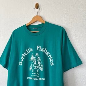 90s single-stitched Bortell’s Fisheries Michigan Humor T-Shirt 23x29.5”